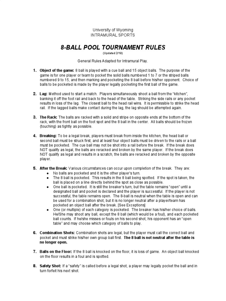 8Ball Pool Tournament Rules University of Wyoming Intramural Sports