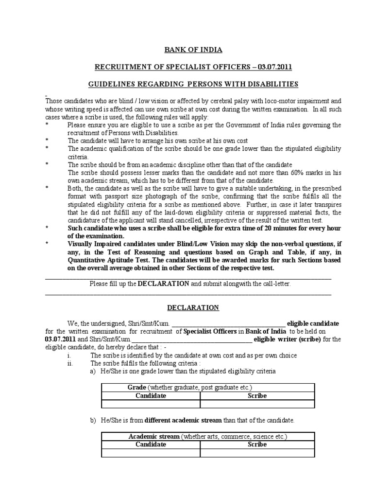 Bank of India Scribe Guidelines 2011 | PDF | Visual Impairment | Test ...