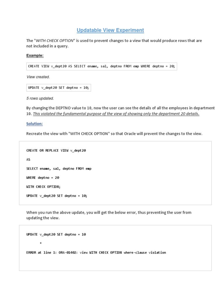 Updatable View Experiment: Solution | PDF | Finance & Money Management ...