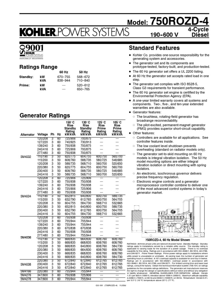 Kohler 750ROZD4 Spec Sheet PDF Engines Diesel Engine