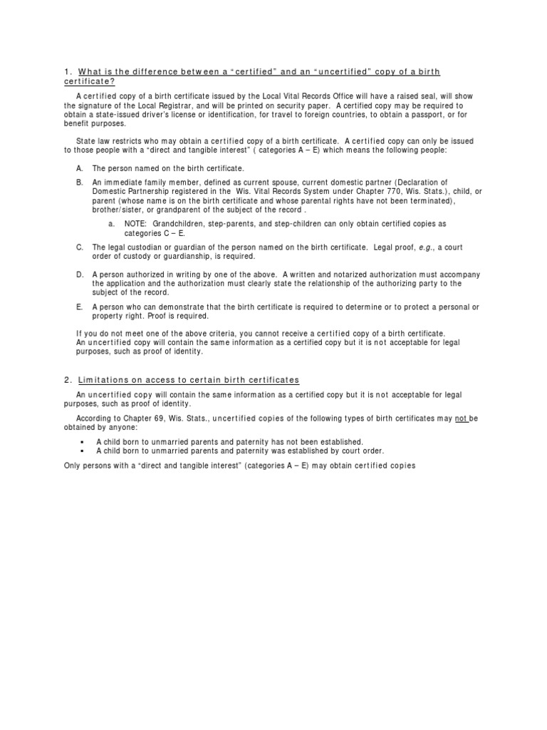 What Is The Difference Between A "Certified" and An "Uncertified" Copy of A Birth Certificate