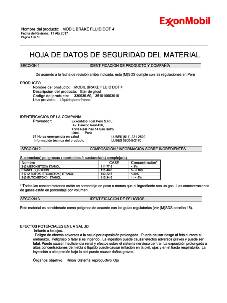 Msds 06 Mobil Brake Fluid Dot 4 PDF Agua Etanol