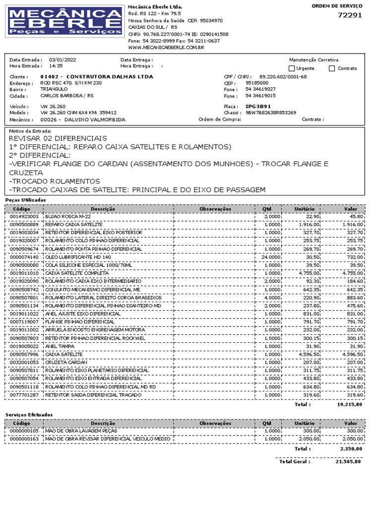 Ordem de Serviço: Manutenção Diferenciais | PDF | Tecnologias automotivas |  Tecnologia de veículos