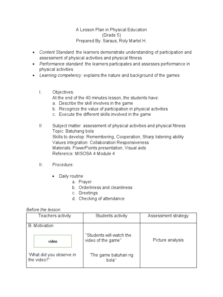 A Lesson Plan In Grade 5 Physical Education Pdf Lesson Plan Learning