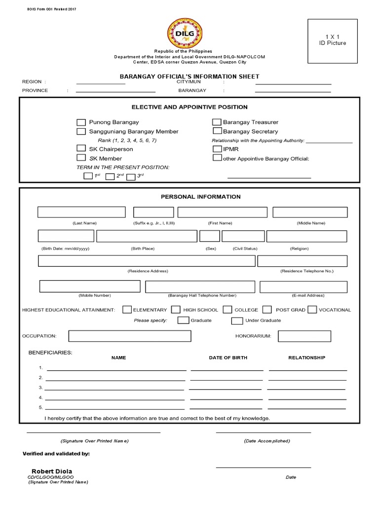 Barangay Official'S Information Sheet PDF