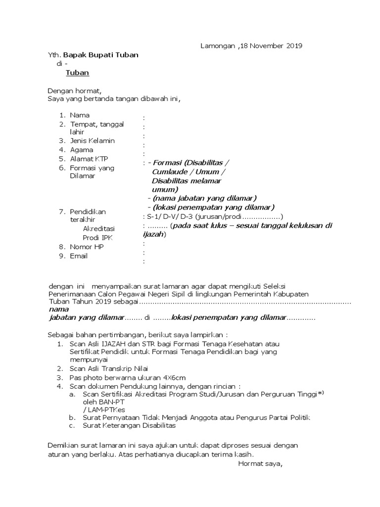 CONTOH SURAT LAMARAN Cpns 2019 | PDF