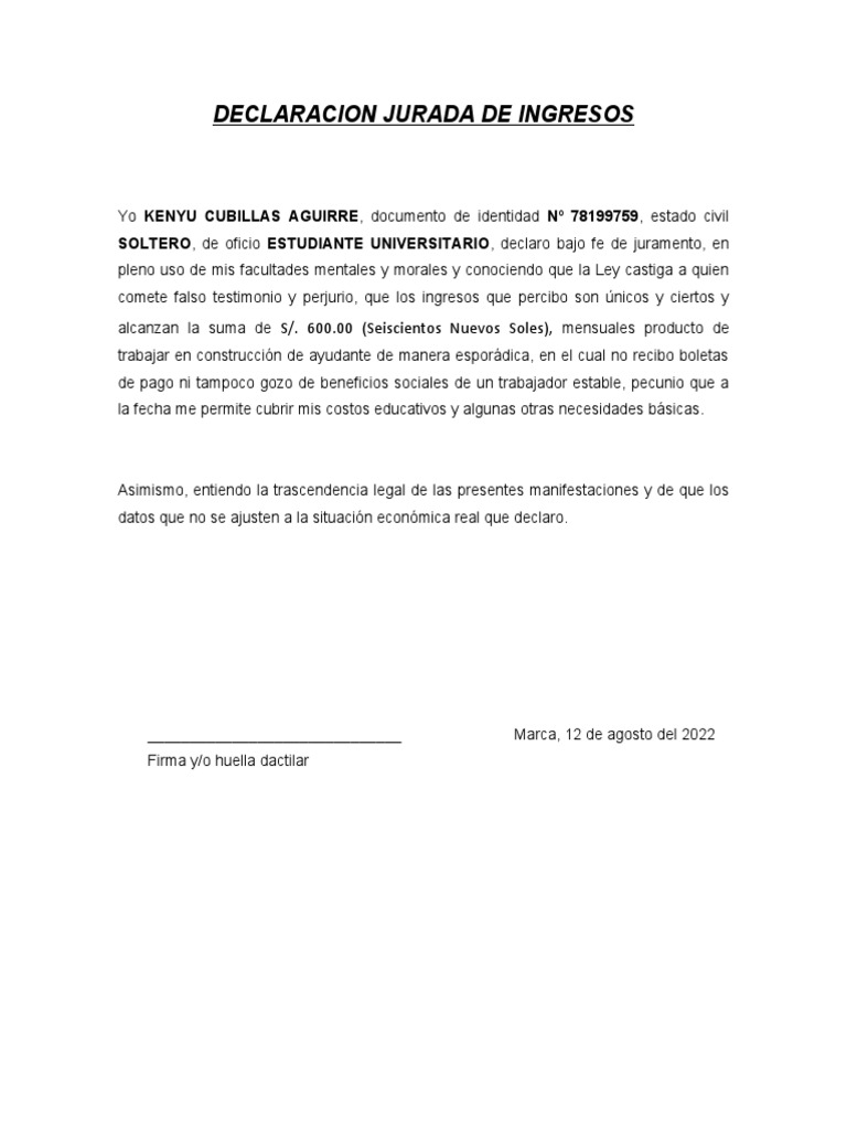 Declaración Jurada de Ingresos Mensuales | PDF