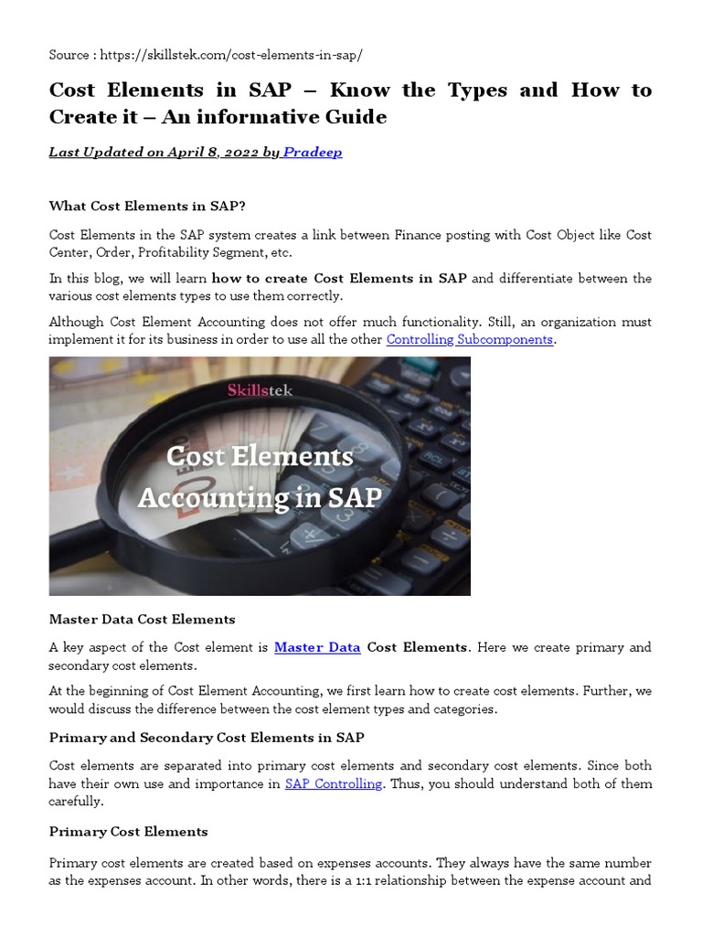 Cost Elements in SAP ERP An Informative Guide Skillstek PDF Cost