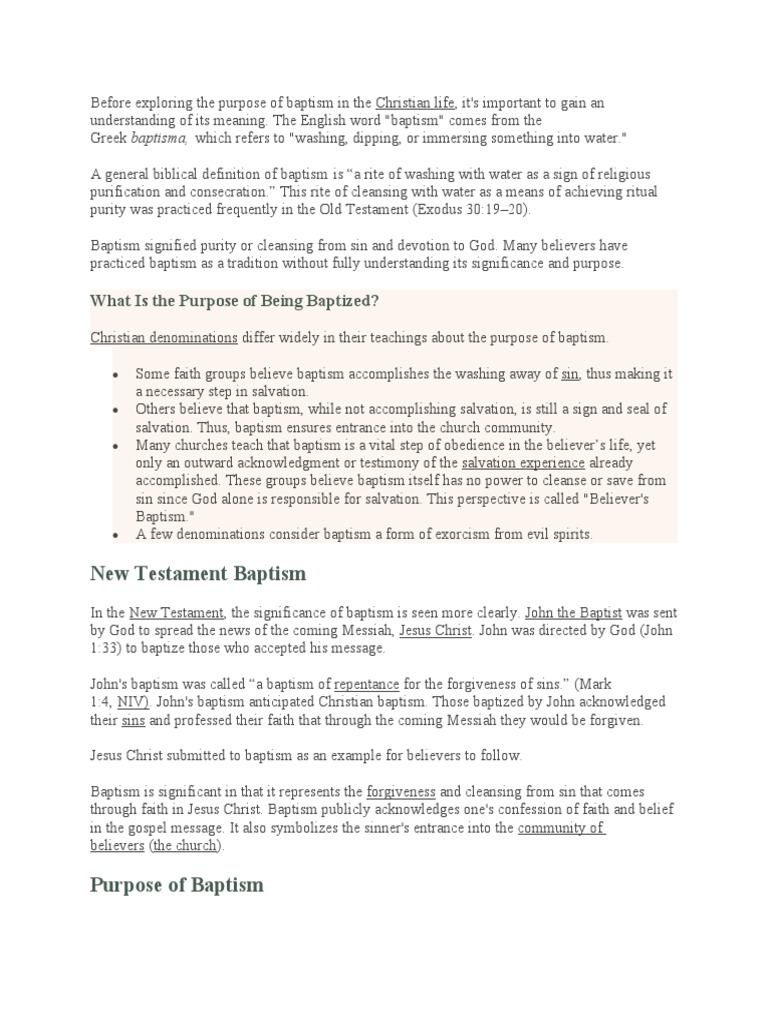 New Testament Baptism What Is The Purpose of Being Baptized? PDF
