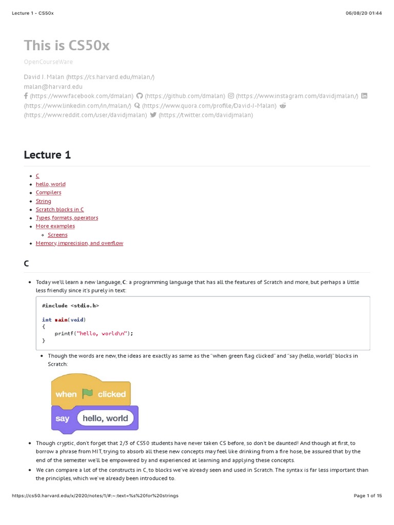 CS50x Lecture 1: Introduction to C | PDF | Integer (Computer Science ...