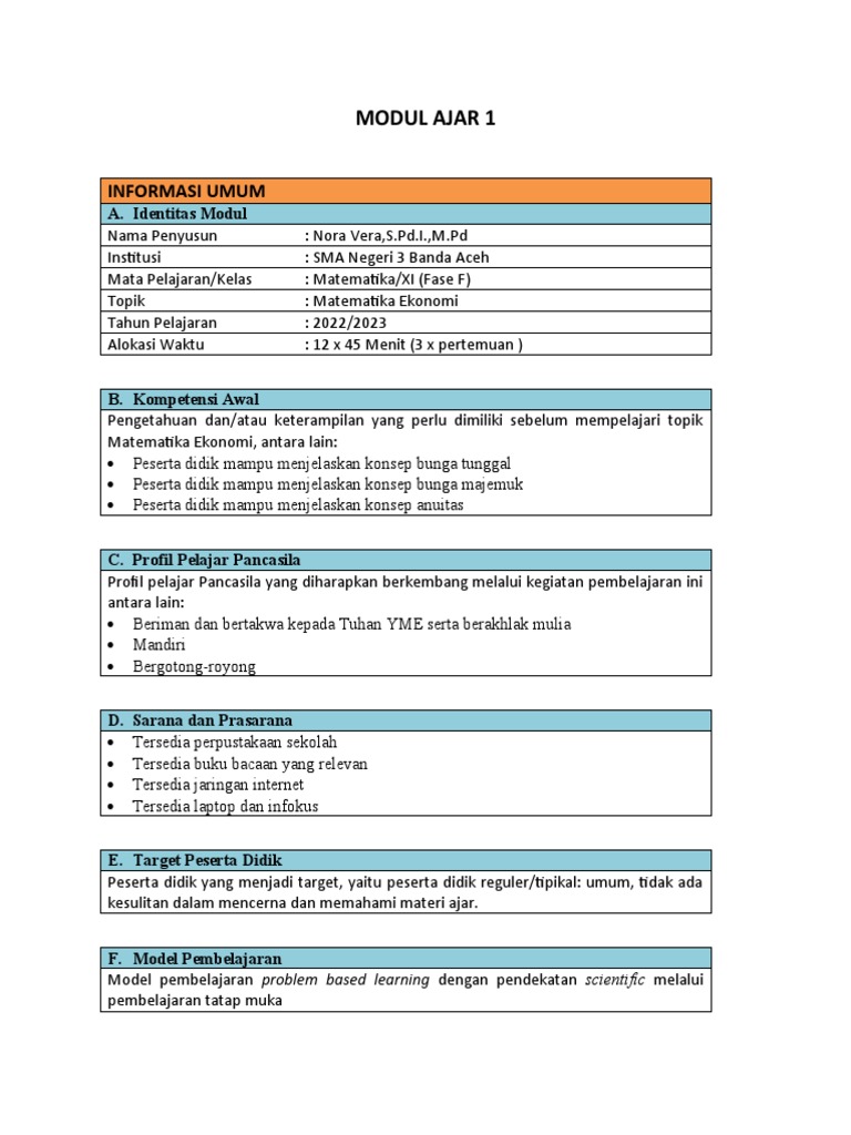 Modul Ajar Matematika Ekonomi Tentang Konsep Bunga Tunggal Dan Bunga