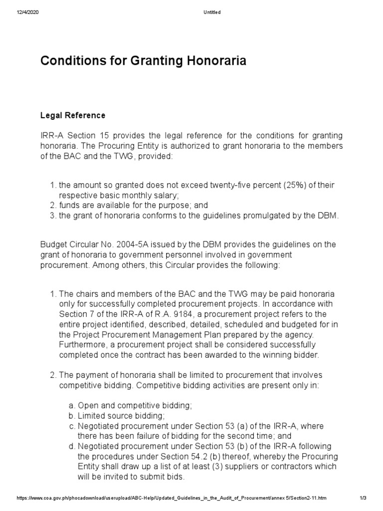 Guidelines for Granting Honoraria to Members of the Bids and Awards