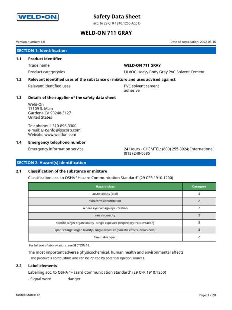 Safety Data Sheet WeldOn 711 Gray SECTION 1 Identification PDF