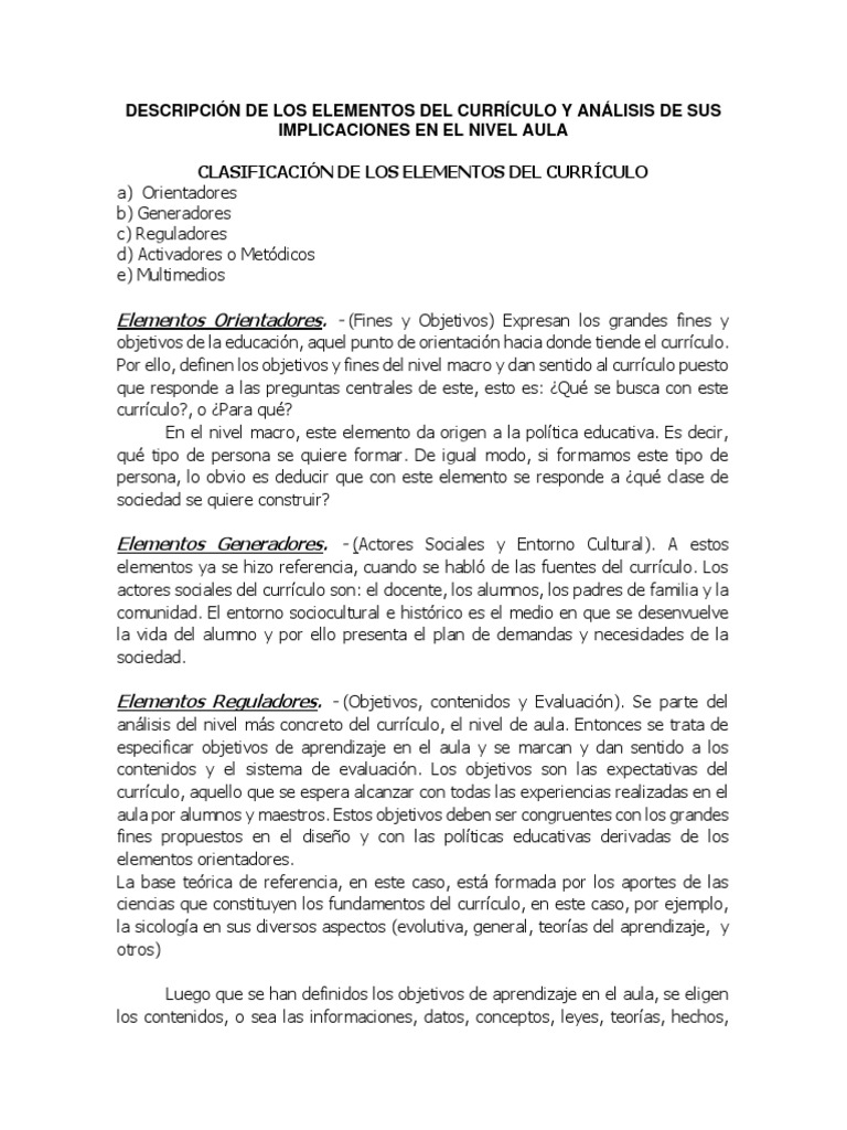 Elementos del Currículo Educativo | PDF | Plan de estudios | Evaluación