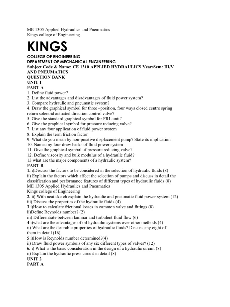 ME 1305 Applied Hydraulics and Pneumatics PDF Pump Pneumatics