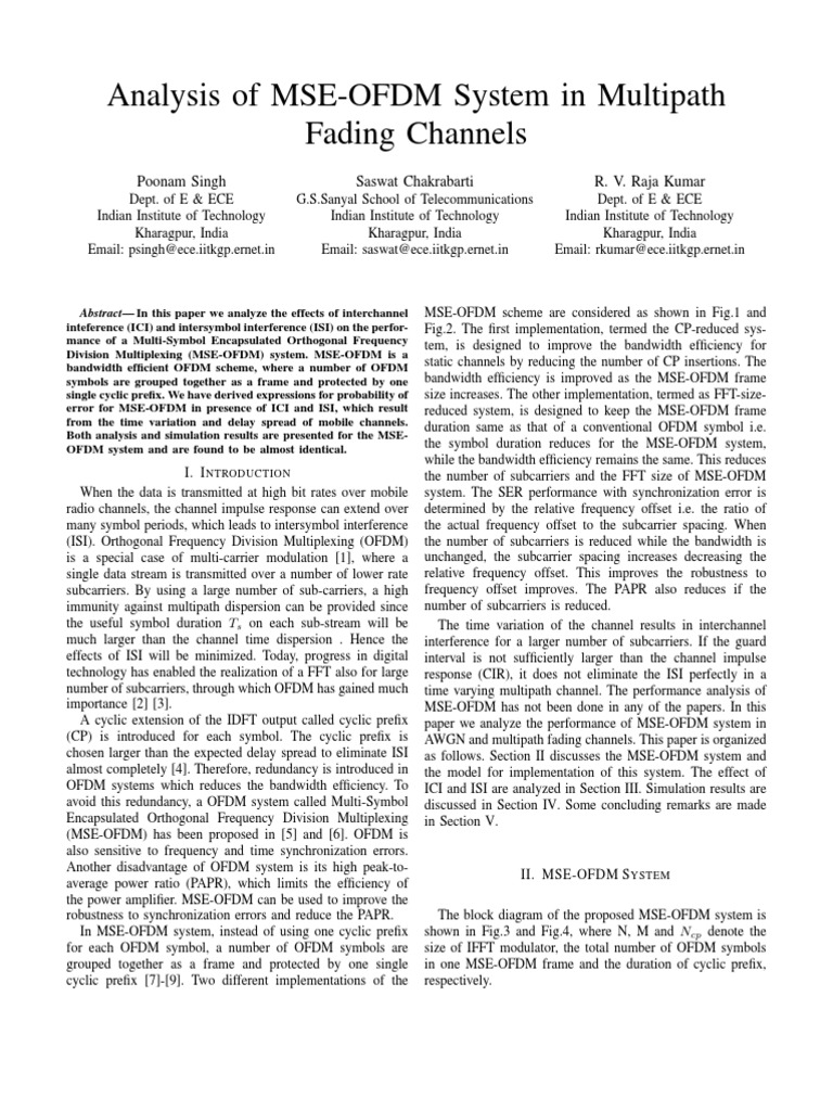 Analysis of MSE-OFDM System in Multipath Fading Channels: Poonam Singh ...