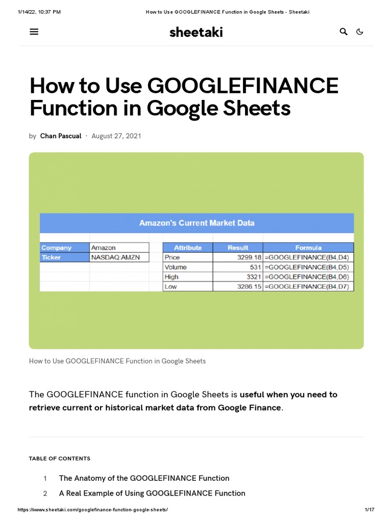 How To Use GOOGLEFINANCE Function in Google Sheets - Sheetaki | PDF ...