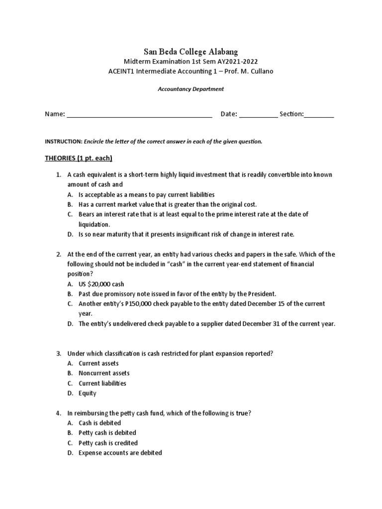 Intermediate Accounting 1 Midterm Exam | PDF | Overdraft | Bad Debt