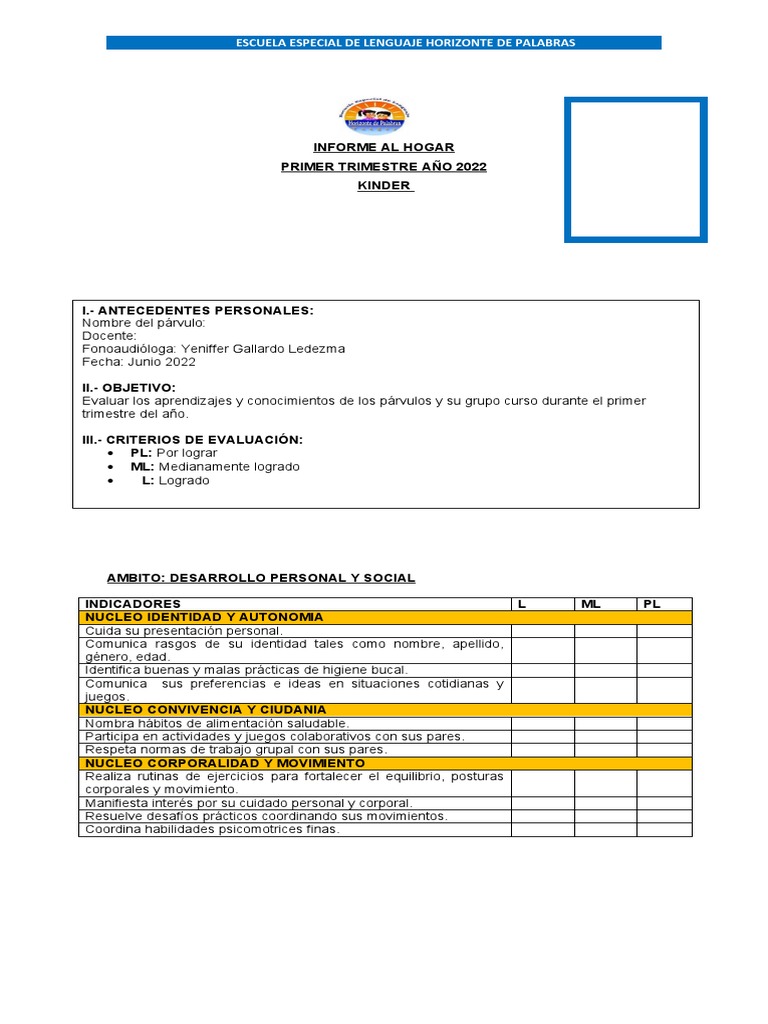 Informe Primer Trimestre Kinder 2022 | PDF | Educación de la primera ...