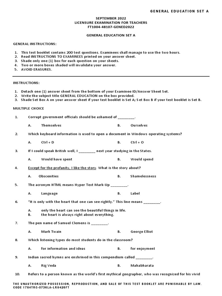 General Education FT Set A Practice | PDF
