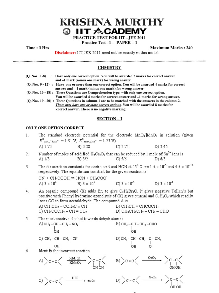 IIT-JEE 2011 Practice Test Paper 1 | PDF | Hydrogen | Capacitor