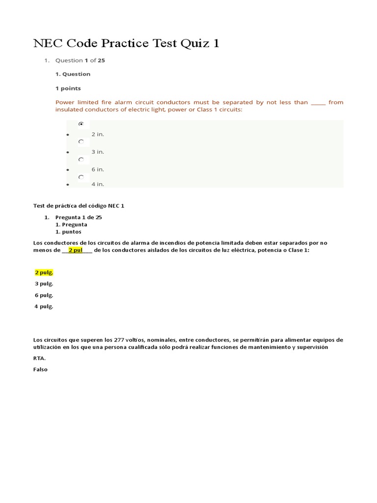NEC Code Practice Test Quiz 1 PDF