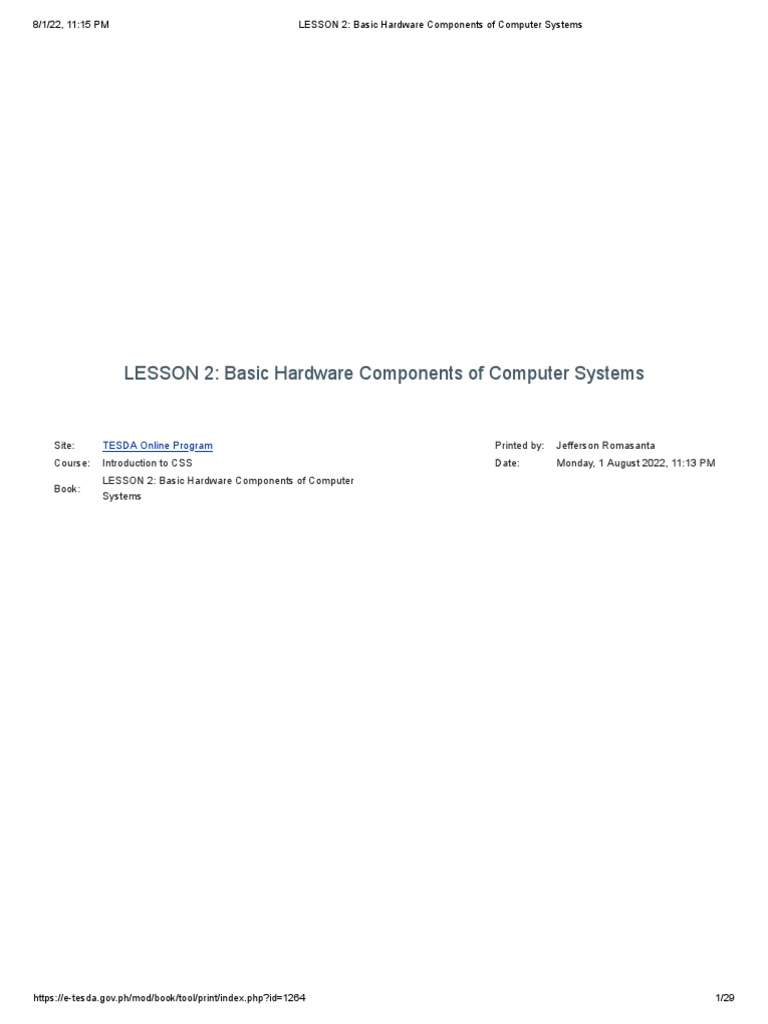 LESSON 2 - Basic Hardware Components of Computer Systems | PDF ...
