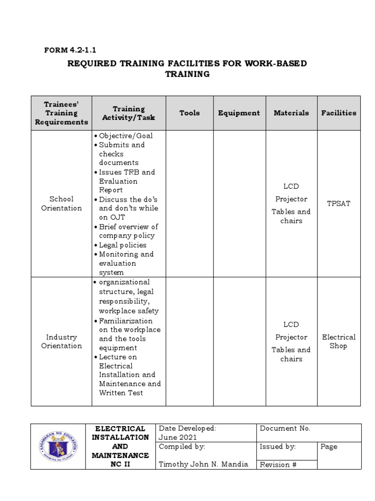 Required Facilities for Work-Based Training | PDF | Manufactured Goods ...