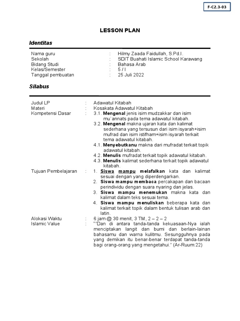 Lesson Plan Bahasa Arab Ganjil | PDF | Karier & Perkembangan