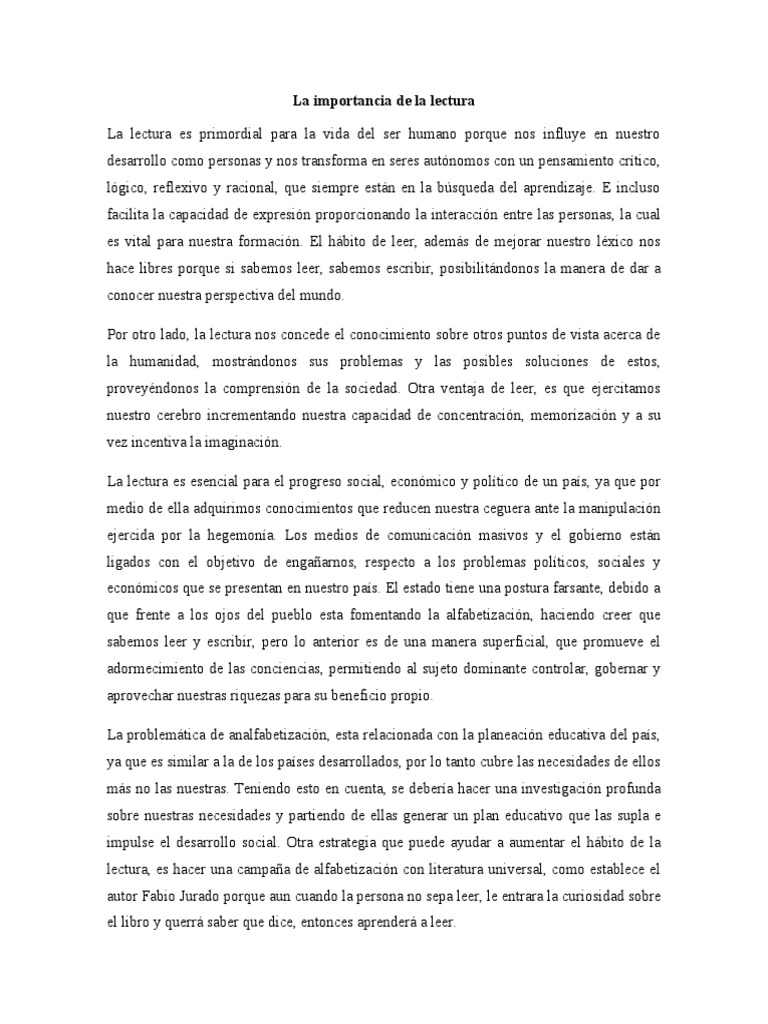 Importancia de la lectura en el desarrollo humano | PDF