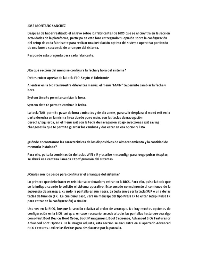 Opiniones Sobre Caracteristicas Del Setup PDF Bios Contraseña