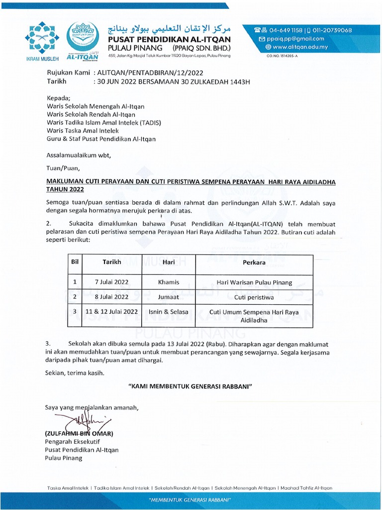 Surat Cuti Raya Aidiladha | PDF