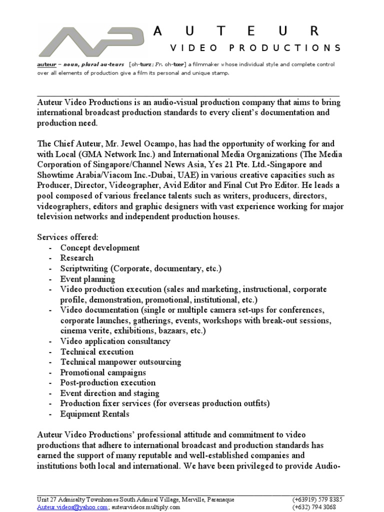 Auteur Video Productions Services | PDF | Filmmaking | Video
