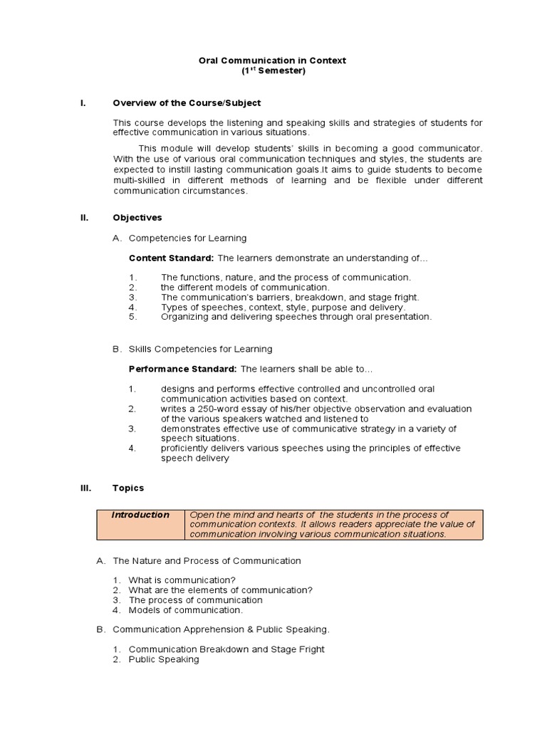 Course Outline Oral Communication | PDF | Public Speaking | Communication