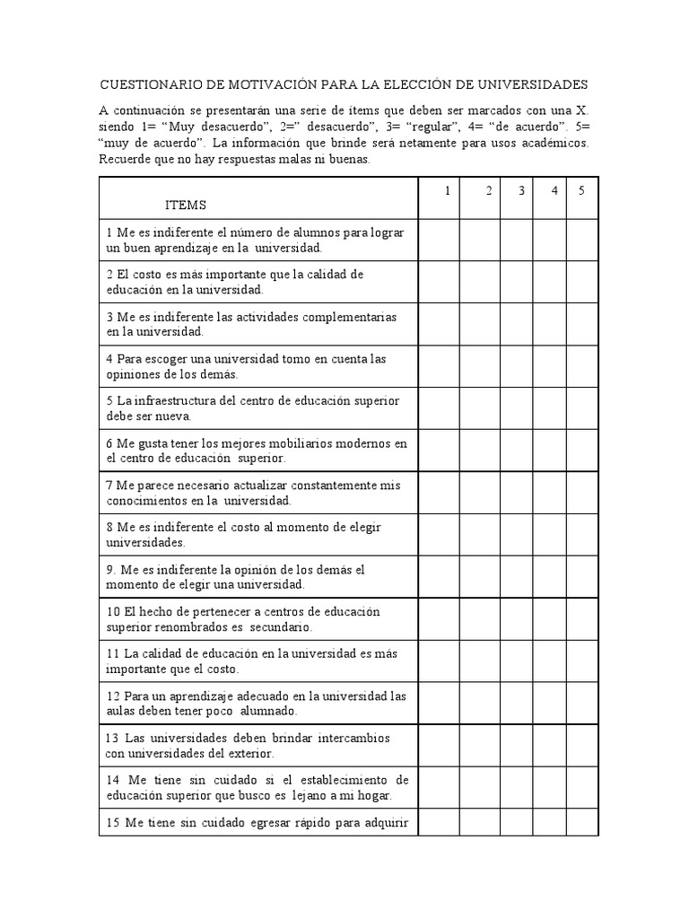 Cuestionario de Motivación para La Elección de Universidades | PDF ...