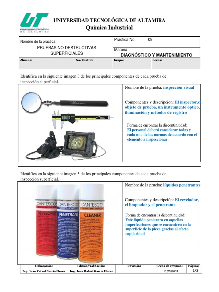 NonDestructive Surface Testing Methods and Procedures PDF Pruebas no destructivas Química