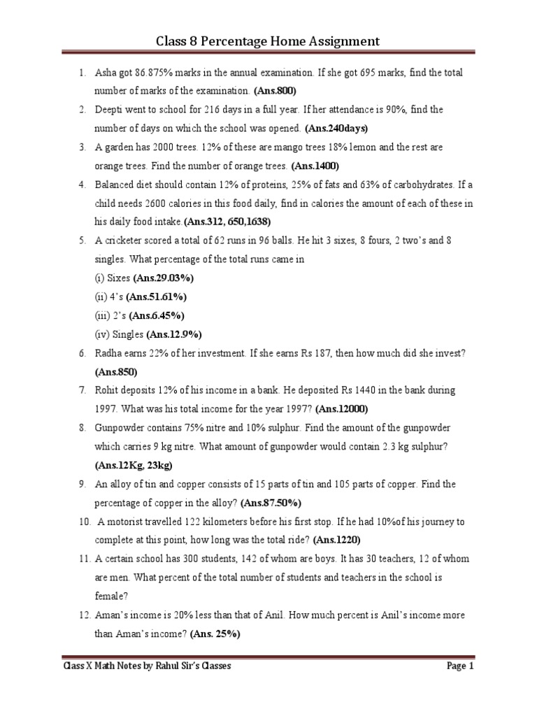 Class 8 Percentage Assignment Questions | PDF | Economies | Nutrition