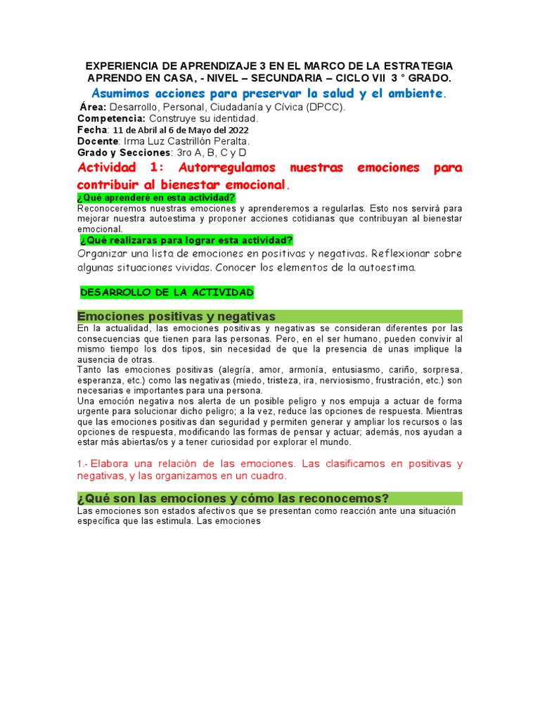 Experiencia No 3 DPCC de 3ro 2022 | PDF | Las emociones | Empatía