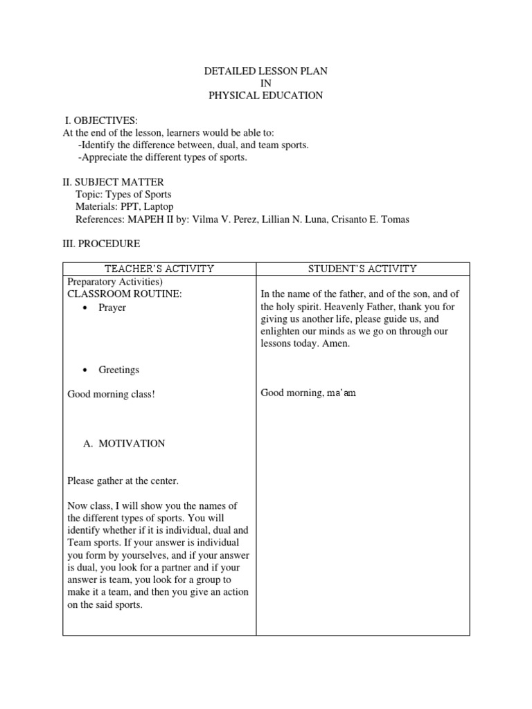 Types of Sports Lesson Plan | PDF | Lesson Plan | Sports