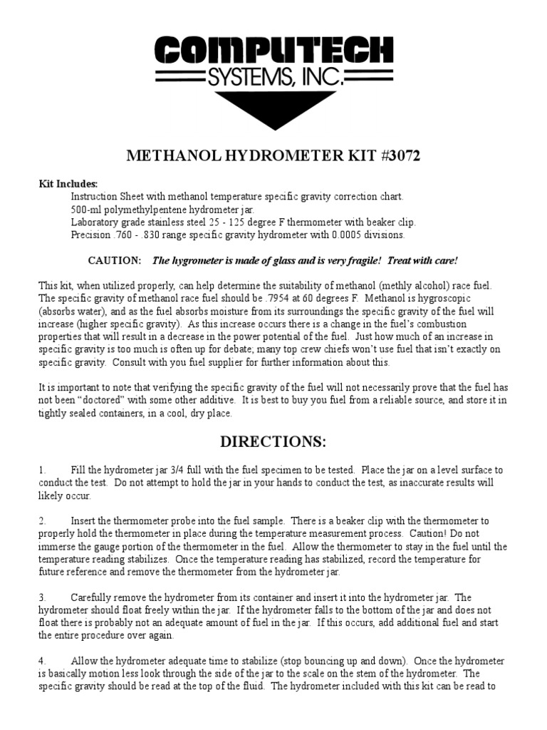 Methanol Hydrometer Kit 3072 PDF Thermometer Temperature
