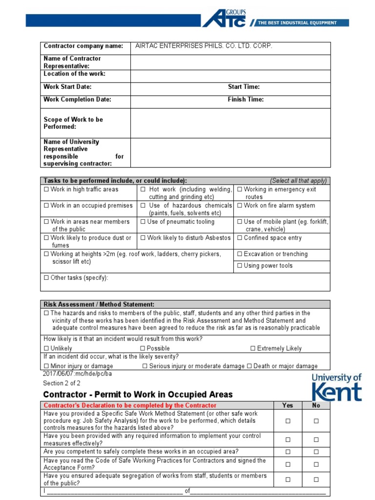 Contractor - Permit To Work in Occupied Areas: (Select All That Apply ...