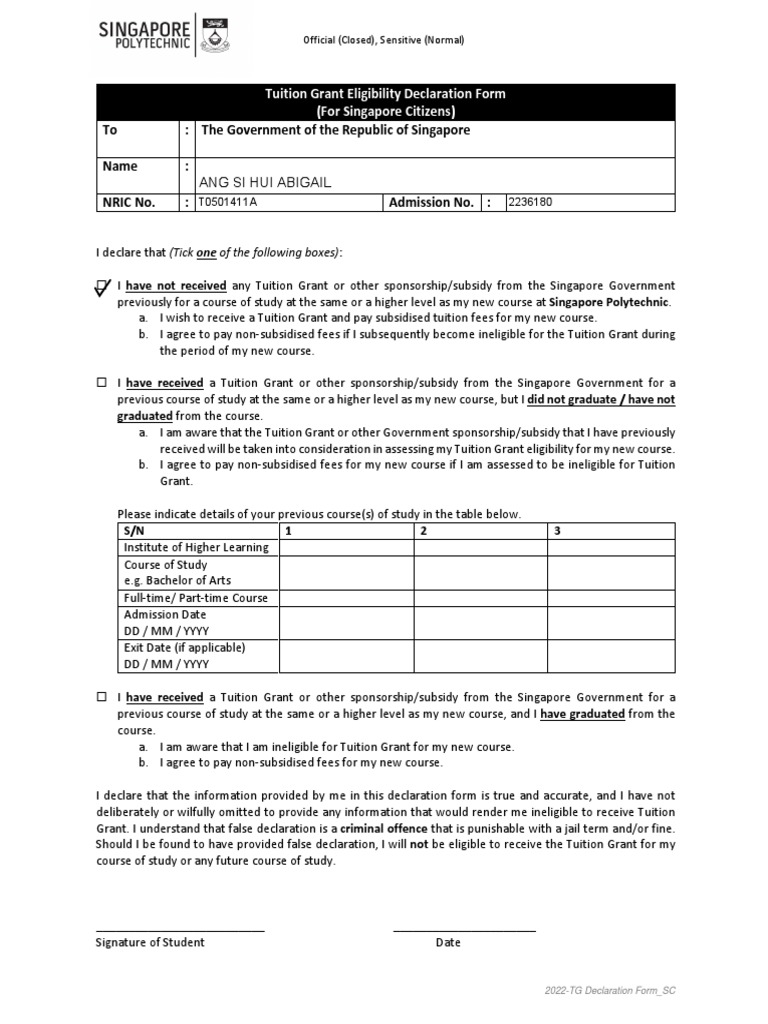 Tuition Grant Application Form (SG) PDF Tuition Payments Government