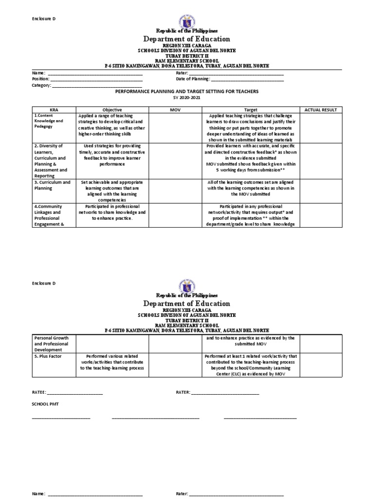Enclosure D-Performance Planning and Target Setting For Teachers | PDF ...