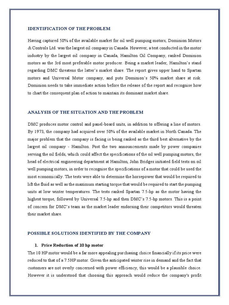 Case Analysis Dominion Motors PDF Electric Motor Engines