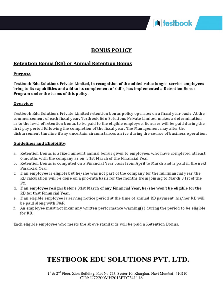 Testbook Edu Solutions Private Limited Bonus Policy Guidelines for