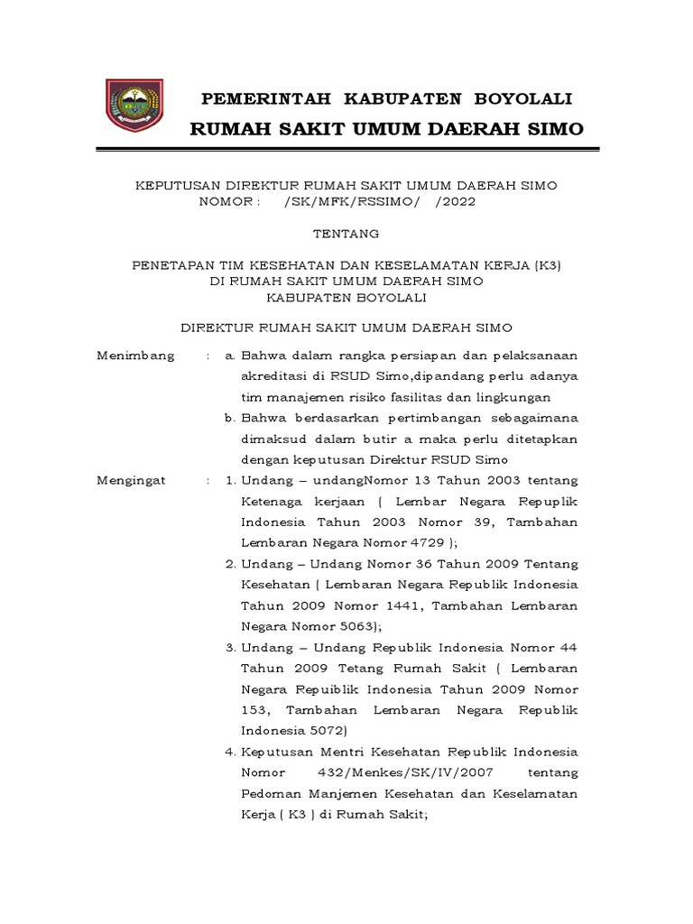 Tim Kesehatan dan K3 RSUD Simo Boyolali | PDF