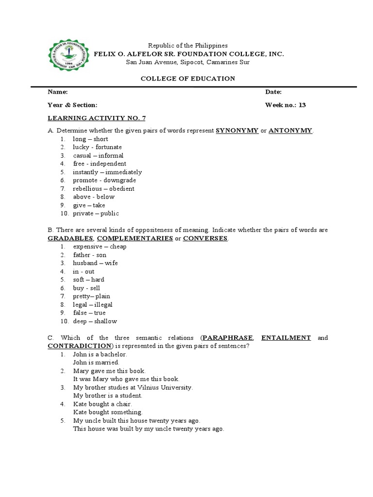 Synonyms and Antonyms Learning Activity | PDF | Language Arts & Discipline