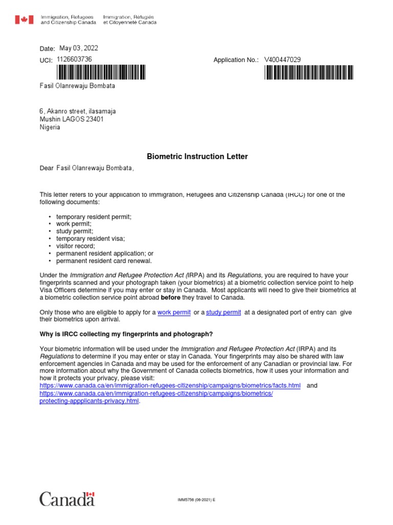 Biometric Instruction Letter Study Permit Work Permit PDF Immigration Cultural Globalization