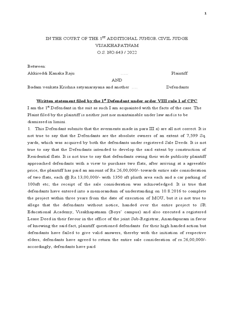 Written statement filed by the 1 defendant under order viii rule 1 of