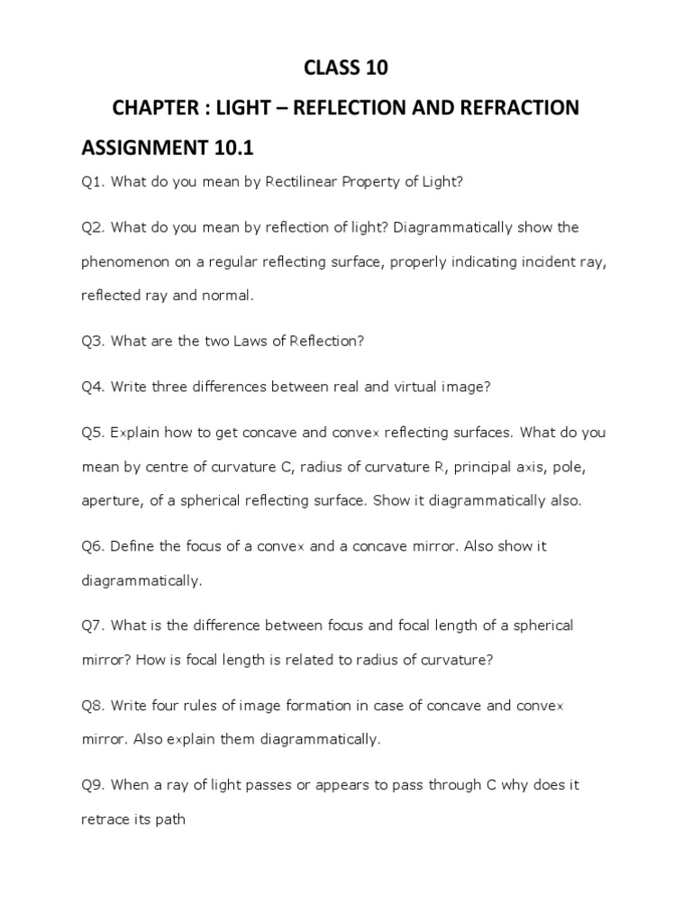 Class 10 Chapter Light Reflection and Refraction Assignment 10.1